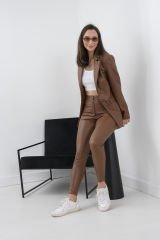 Sütlü Kahve Vegan Deri Çift Düğme Kadın Blazer Ceket