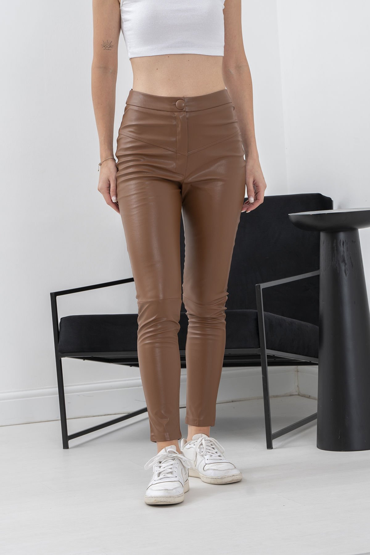 Kahverengi Yüksek Bel Skinny Vegan Deri Pantolon