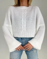 Beyaz Triko Crop Örgü Detaylı Oversize Kazak