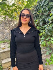 Siyah V Yaka Fermuar Detaylı Kazak
