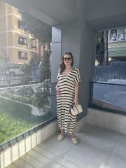 Siyah Bej Çizgili Plaj Elbise