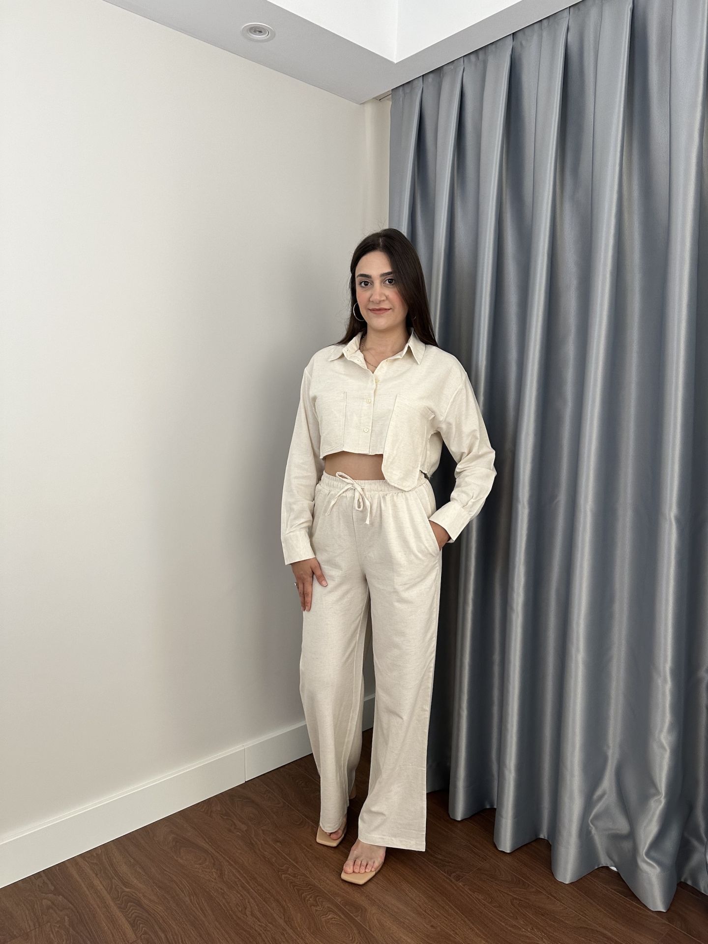 Krem Crop Gömlek Pantolon Keten Takım